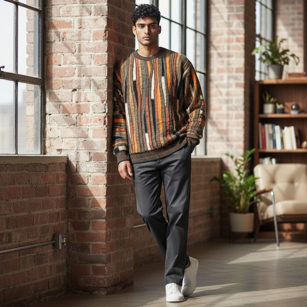 vtg Protégé 3d knit sweater mens M abstract vertical stripe 90s Cosby sweater